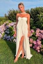 Leith | White - Strapless A Line Chiffon Pleated Long Prom Dresses With Ruffles - KissProm