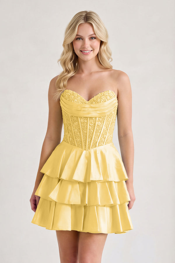 Lemon A Line Satin Corset Ruffled Sweetheart Homecoming Dresses with Beads | KISSPROM