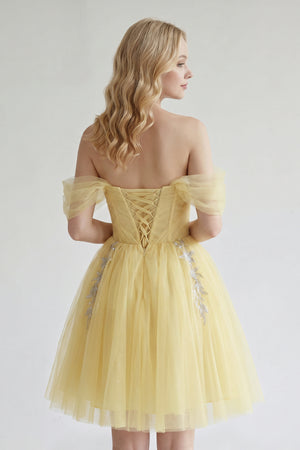 Lemon Fairy-tale Tulle Beaded Off-the-Shoulder Lace-Up Back A-Line Party Dress | KISSPROM