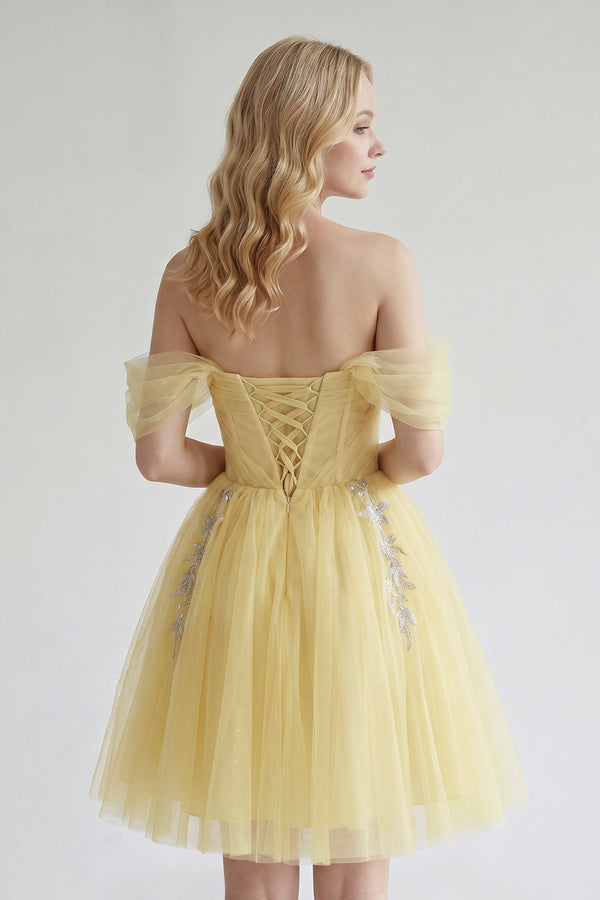 Lemon Fairy-tale Tulle Beaded Off-the-Shoulder Lace-Up Back A-Line Party Dress | KISSPROM