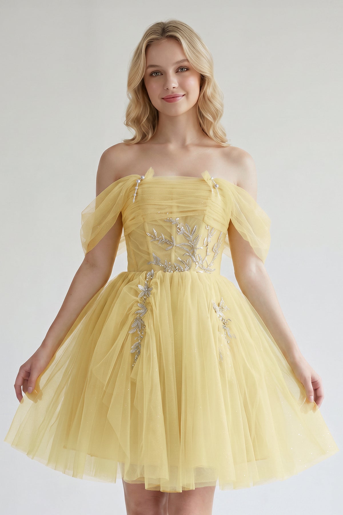 KissProm Fairy-tale Tulle Beaded Off-the-Shoulder Lace-Up Back A-Line Party Dress, Lemon / 4