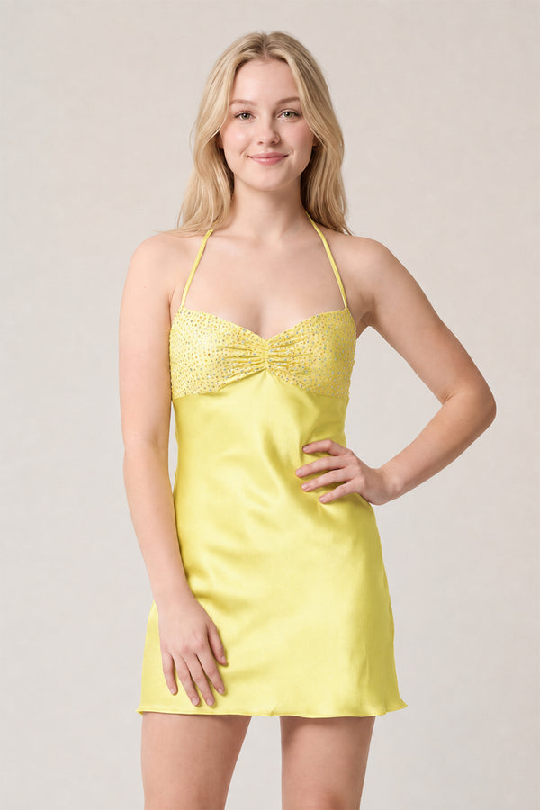 Lemon Halter Satin Sheath Sequined Mini Homecoming Dress | KISSPROM