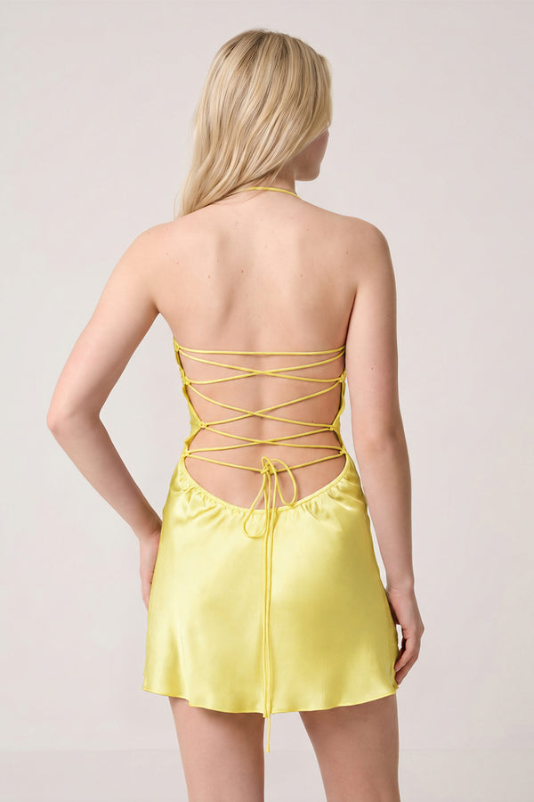 Lemon Halter Satin Sheath Sequined Mini Homecoming Dress | KISSPROM