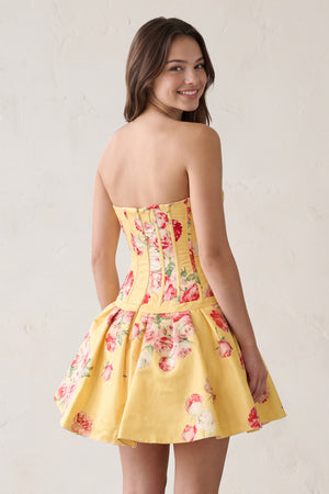 Lemon Sweetheart A-Line Floral Printed Satin Corset Homecoming Dress (2) | KISSPROM
