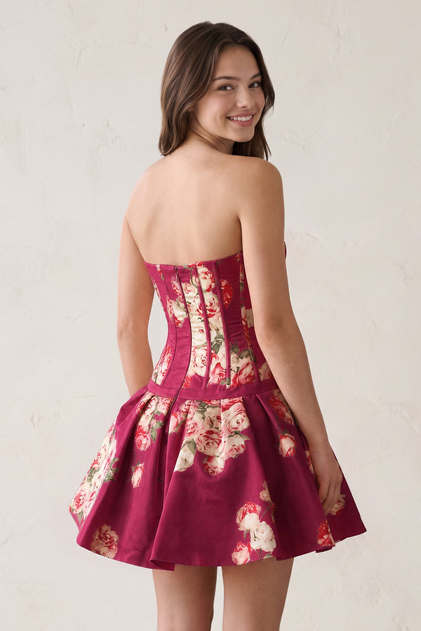 Mulberry Sweetheart A-Line Floral Printed Satin Corset Homecoming Dress (2) | KISSPROM