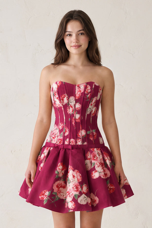 Mulberry Sweetheart A-Line Floral Printed Satin Corset Homecoming Dress | KISSPROM