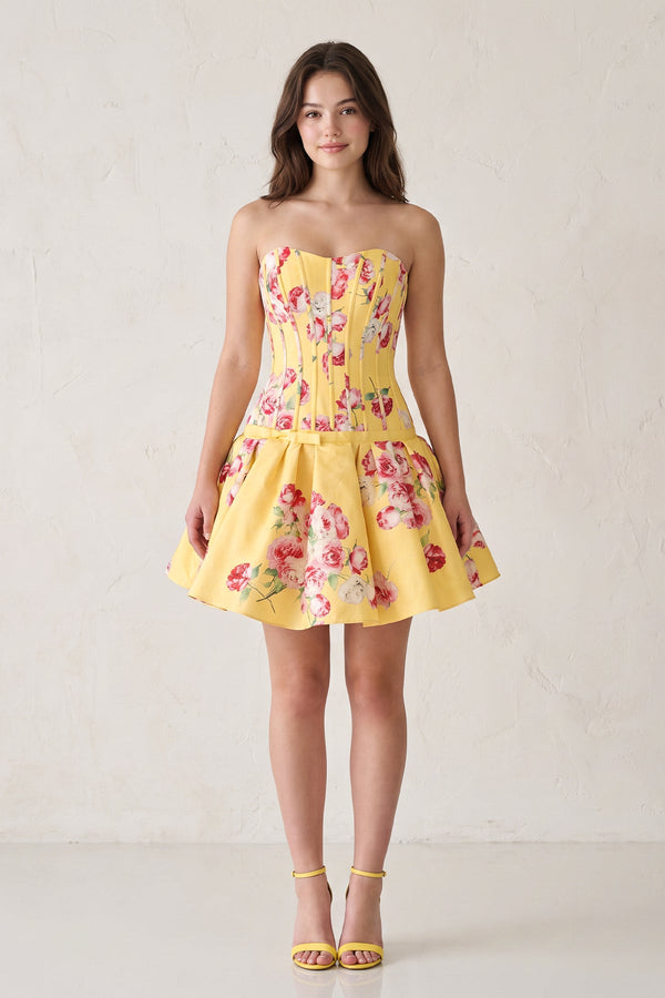 Lemon Sweetheart A-Line Floral Printed Satin Corset Homecoming Dress (3) | KISSPROM