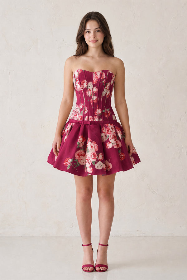 Mulberry Sweetheart A-Line Floral Printed Satin Corset Homecoming Dress (3) | KISSPROM