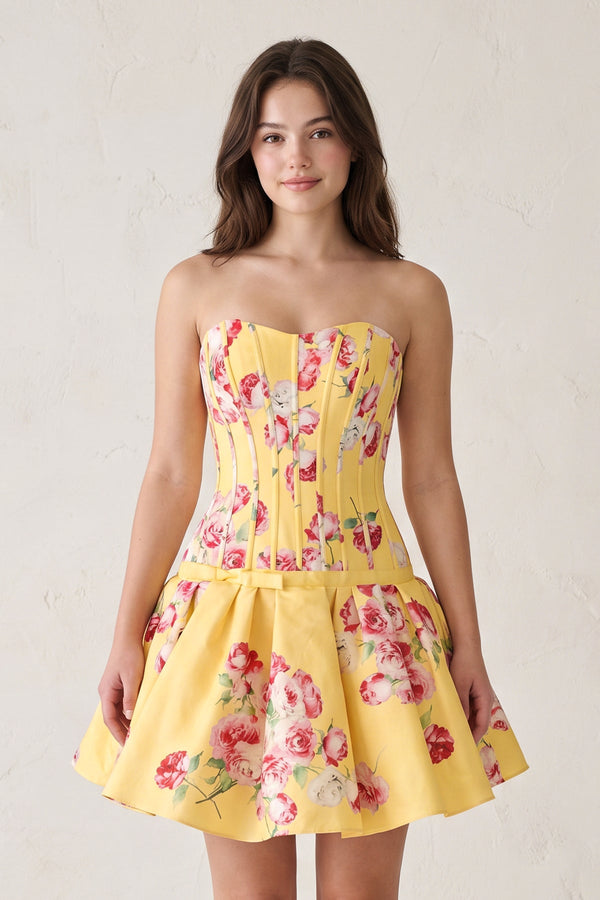 Lemon Sweetheart A-Line Floral Printed Satin Corset Homecoming Dress | KISSPROM