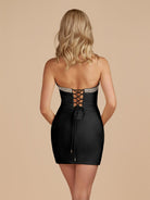 Leniya | Black - Bodycon Strapless Cut Out Satin Beaded Homecoming Dress With Bows