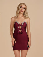 Leniya | Burgundy - Bodycon Strapless Cut Out Satin Beaded Homecoming Dress With Bows