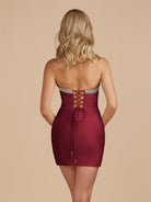 Leniya | Burgundy - Bodycon Strapless Cut Out Satin Beaded Homecoming Dress With Bows