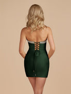 Leniya | Dark Green - Bodycon Strapless Cut Out Satin Beaded Homecoming Dress With Bows
