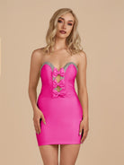 Leniya | Fuchsia - Bodycon Strapless Cut Out Satin Beaded Homecoming Dress With Bows - KissProm