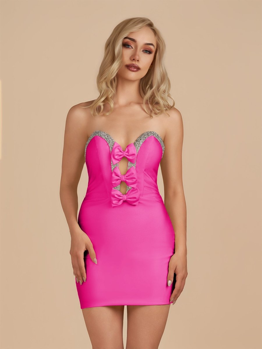 Leniya | Fuchsia - Bodycon Strapless Cut Out Satin Beaded Homecoming Dress With Bows - KissProm