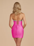 Leniya | Fuchsia - Bodycon Strapless Cut Out Satin Beaded Homecoming Dress With Bows - KissProm