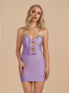 Leniya | Lilac - Bodycon Strapless Cut Out Satin Beaded Homecoming Dress With Bows - KissProm