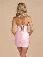 Leniya | Pink - Bodycon Strapless Cut Out Satin Beaded Homecoming Dress With Bows