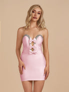 Leniya | Pink - Bodycon Strapless Cut Out Satin Beaded Homecoming Dress With Bows