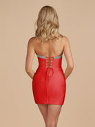 Leniya | Red - Bodycon Strapless Cut Out Satin Beaded Homecoming Dress With Bows