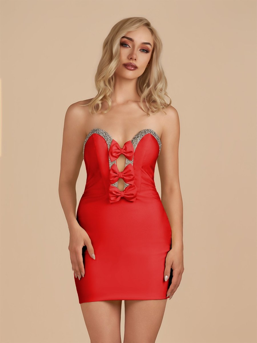 Leniya | Red - Bodycon Strapless Cut Out Satin Beaded Homecoming Dress With Bows