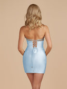 Leniya | Sky Blue - Bodycon Strapless Cut Out Satin Beaded Homecoming Dress With Bows - KissProm