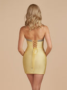 Leniya | Yellow - Bodycon Strapless Cut Out Satin Beaded Homecoming Dress With Bows