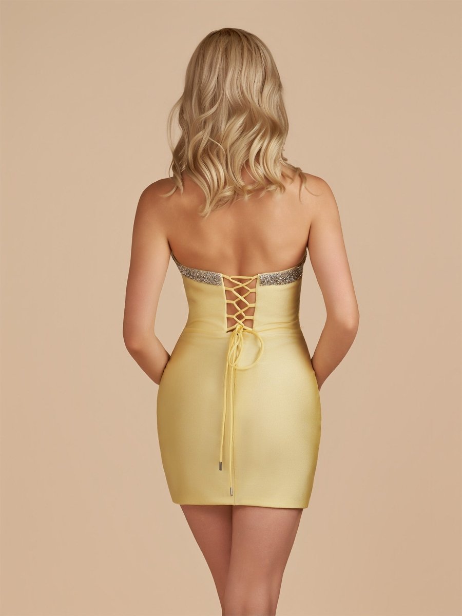 Leniya | Yellow - Bodycon Strapless Cut Out Satin Beaded Homecoming Dress With Bows