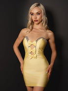 Leniya | Yellow - Bodycon Strapless Cut Out Satin Beaded Homecoming Dress With Bows