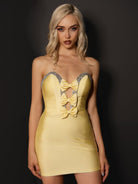 Leniya | Yellow - Bodycon Strapless Cut Out Satin Beaded Homecoming Dress With Bows