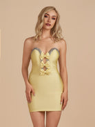 Leniya | Yellow - Bodycon Strapless Cut Out Satin Beaded Homecoming Dress With Bows