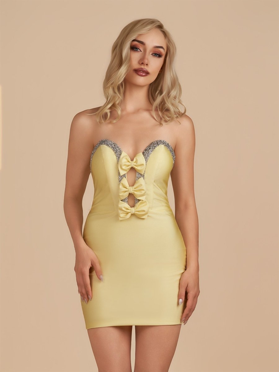 Leniya | Yellow - Bodycon Strapless Cut Out Satin Beaded Homecoming Dress With Bows