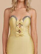 Leniya | Yellow - Bodycon Strapless Cut Out Satin Beaded Homecoming Dress With Bows