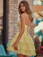 Lenne | Yellow - A-Line Sweetheart Corset Ruffle Homecoming Dress With Applique