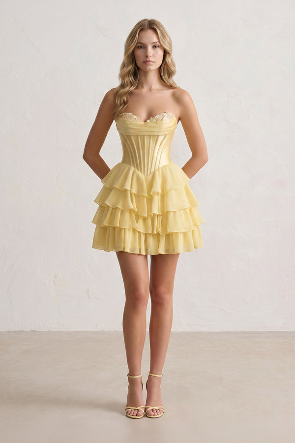 KissProm Yellow A-Line Sweetheart Corset Ruffle Homecoming Dress With Applique, Yellow / 12