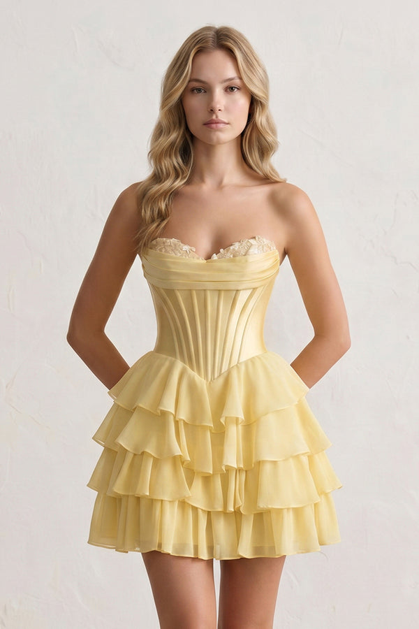Yellow A-Line Sweetheart Corset Ruffle Homecoming Dress With Applique - KISSPROM