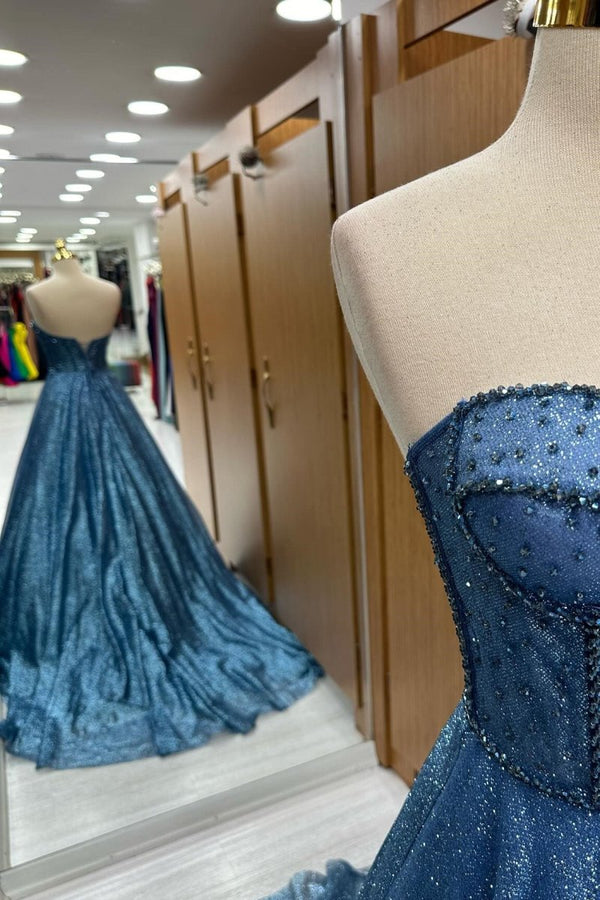 Leon | Navy Blue Sequin Beaded Sweetheart A - Line Long Prom Dress - KissProm