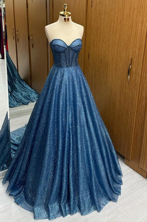 Leon | Navy Blue Sequin Beaded Sweetheart A - Line Long Prom Dress - KissProm