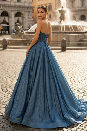 Navy Blue Sequin Beaded Sweetheart A - Line Long Prom Dress - KissProm