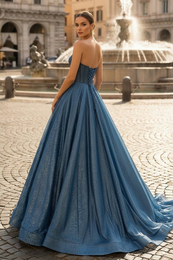 Navy Blue Sequin Beaded Sweetheart A - Line Long Prom Dress - KissProm