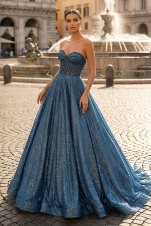 Navy Blue Sequin Beaded Sweetheart A - Line Long Prom Dress - KissProm