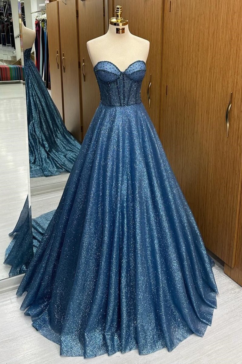 Navy Blue Sequin Beaded Sweetheart A-Line Long Prom Dress Navy Blue / 14 / Sequins Navy Blue Sequin Beaded Sweetheart A-Line Long Prom Dress Navy Blue / 14 / Sequins