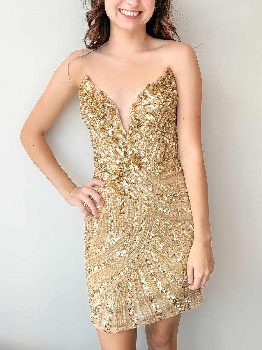 Gold - Strapless V Neck Sequins Bodycon Mini Party Dresses, Gold / 4 Gold - Strapless V Neck Sequins Bodycon Mini Party Dresses, Gold / 4