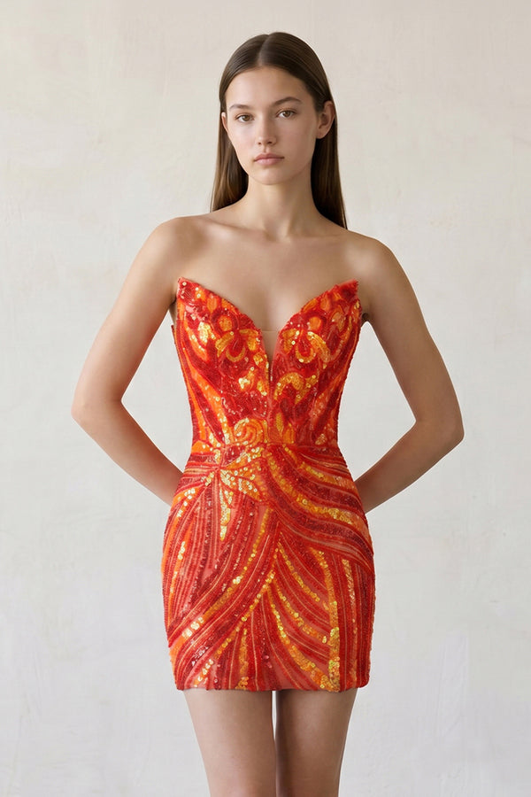 KissProm Black Strapless V Neck Sequins Bodycon Short Homecoming Dresses, Orange / 8
