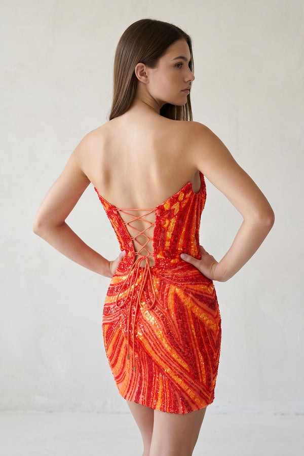 KissProm Black Strapless V Neck Sequins Bodycon Short Homecoming Dresses, Orange / 8