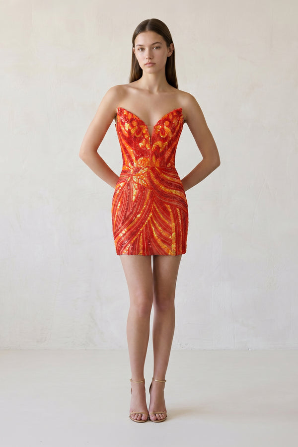 Orange Strapless V Neck Sequins Bodycon Short Homecoming Dresses - KISSPROM