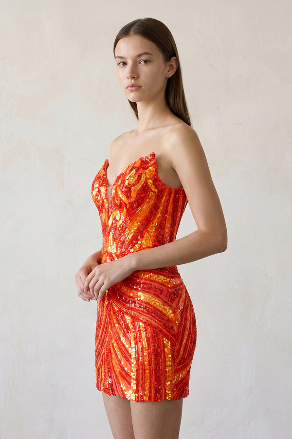 Orange Strapless V Neck Sequins Bodycon Short Homecoming Dresses - KISSPROM