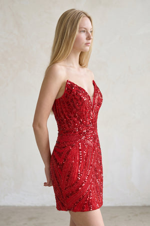 Red - Strapless V Neck Sequins Bodycon Short Mini Party Dresses - KISSPROM