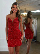 Leony | Red - Strapless V Neck Sequins Bodycon Short Homecoming Dresses - KissProm