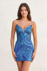 Royal Blue - Strapless V Neck Sequins Bodycon Short Homecoming Dresses - KissProm
